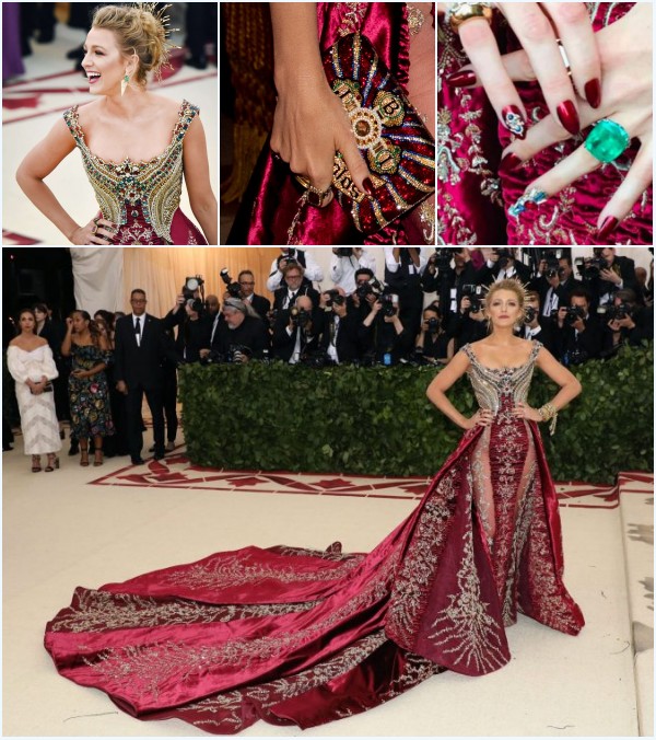 Blake Lively en robe de soirée rouge bordeaux de luxe perlé au MET gala 2018