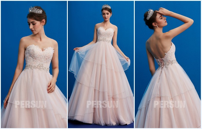 robe de mariée rose pale bustier coeur 2019 dentelle guipure