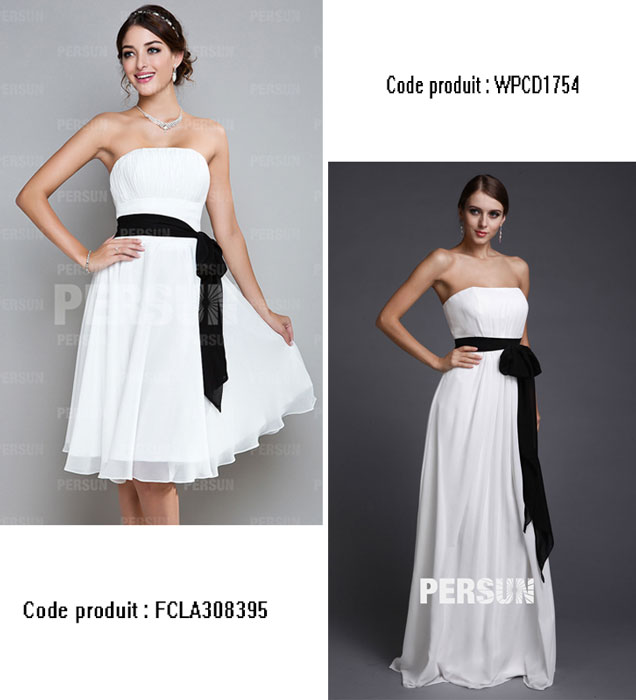 robe demoiselle d'honneur blanche avec ceinture noire bustier droit courte et longue