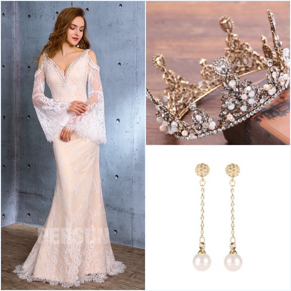 Couronne de diadème, boucled d'oreilled pendants et robe de mariée sexy 2019