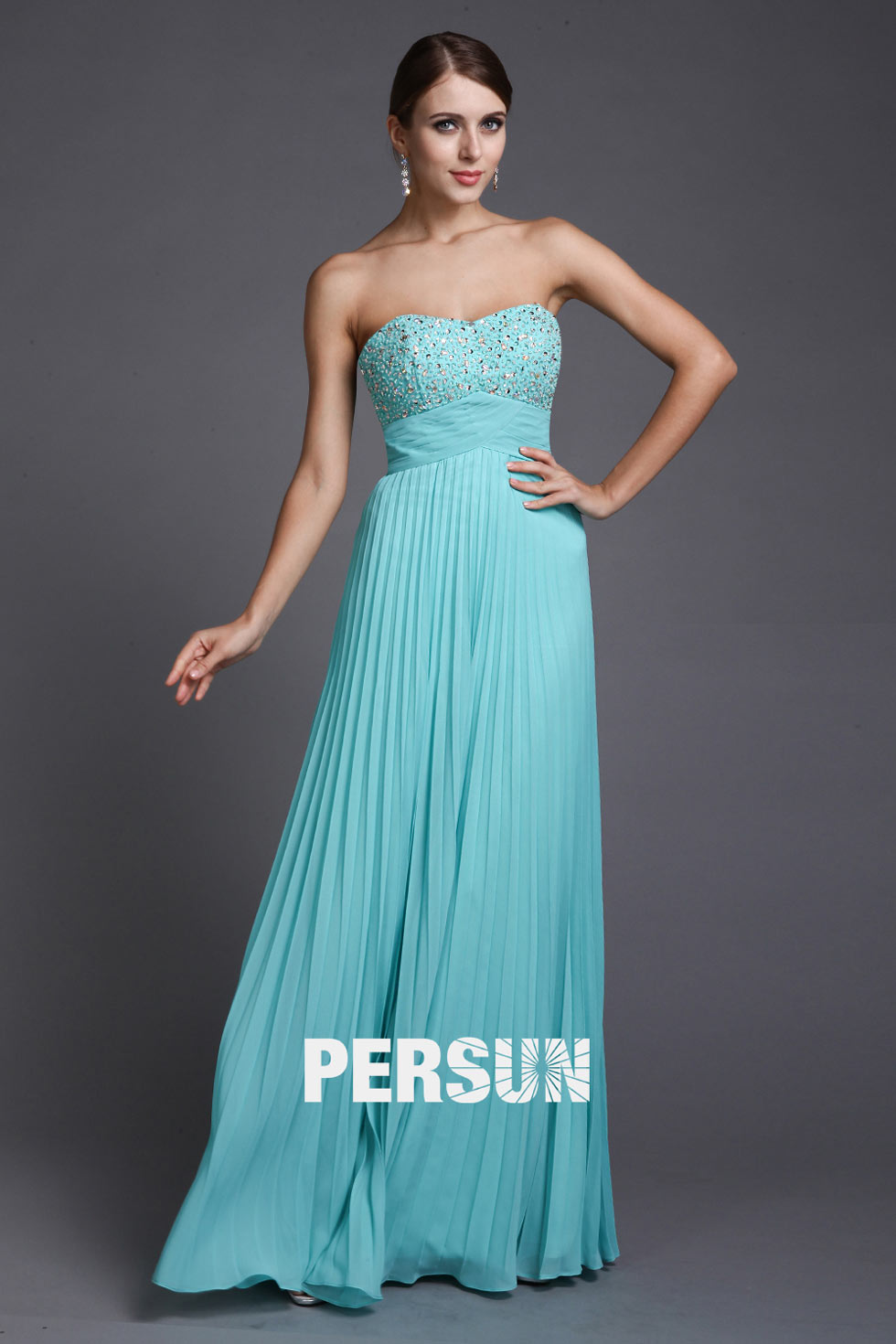 robe demoiselle d'honneur turquoise longue bustier coeur plissé