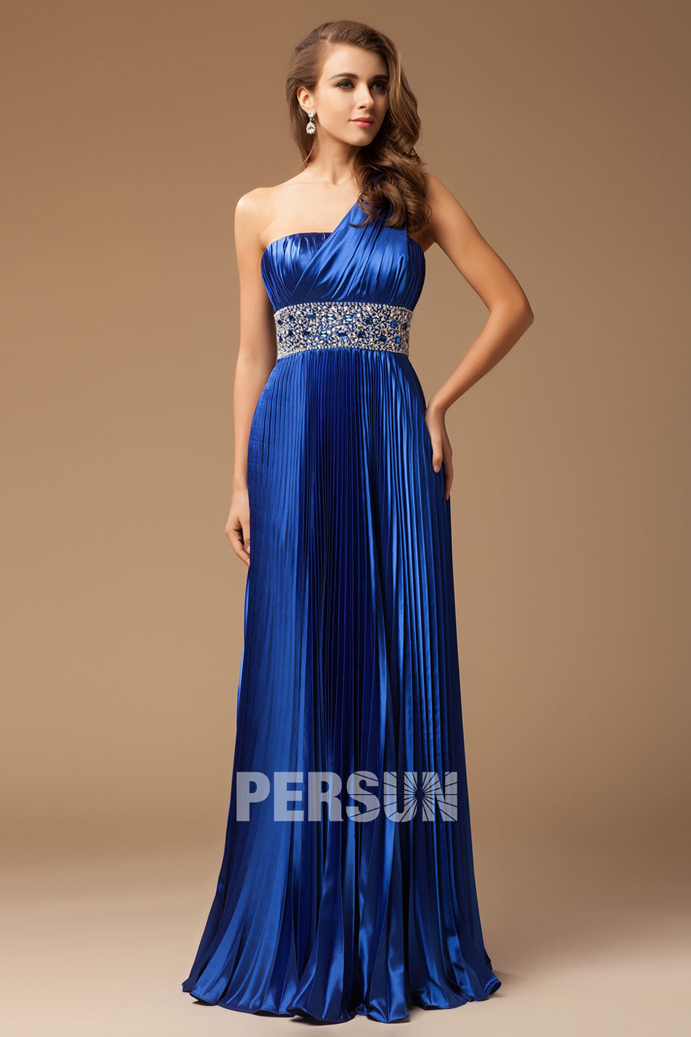 robe demoiselle d'honneur bleu asymétrique plissé & ceinturée