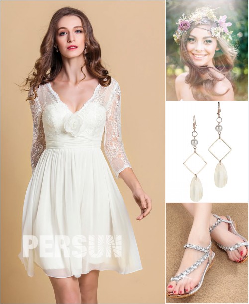 robe de mariée courte plage, coiffure, boucles d'oreilles et sandales