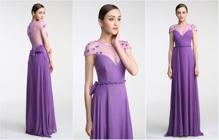 robe longue violette encolure illusion à noeud papillon pour témoin de mariage