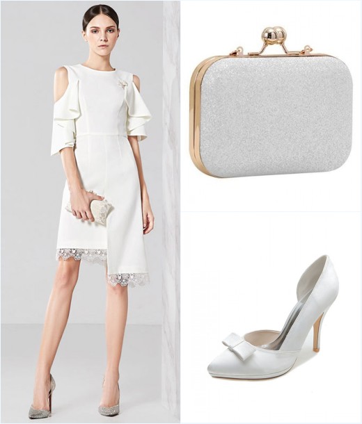 robe blanche courte, pochette et sac