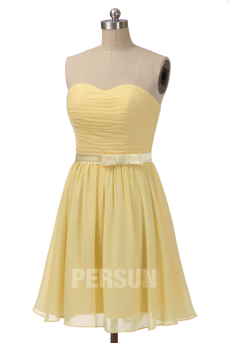 robe jaune pour témoin mariage courte bustier vague plissé