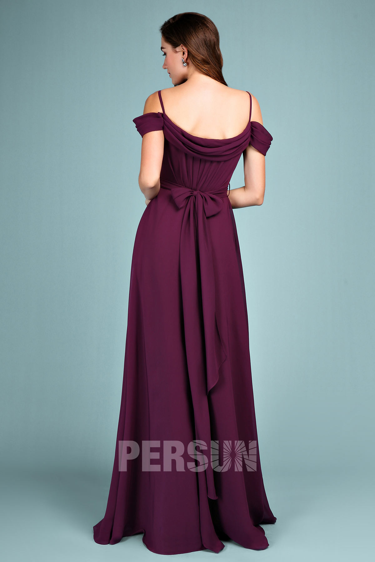 robe prune pour mariage longue à noeud papillon dans le dos