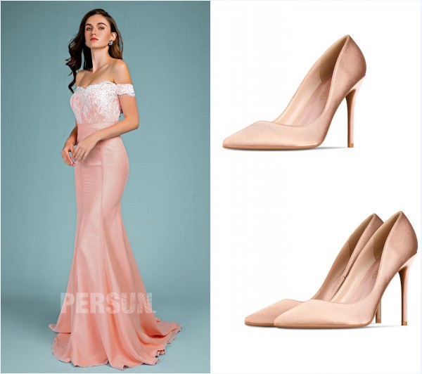 robe de soirée vieux rose et escarpins nude