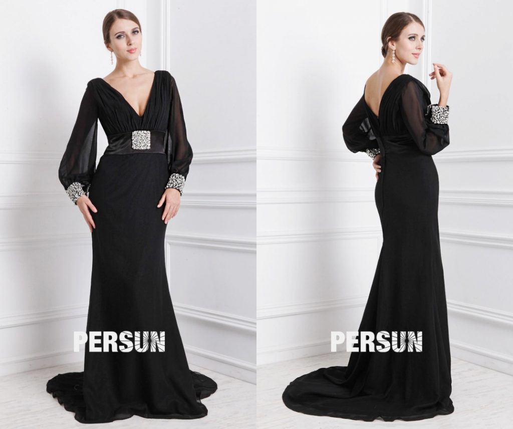 robe de soirée sexy noire longue col v plongeant manches longue et taille embelli de strass