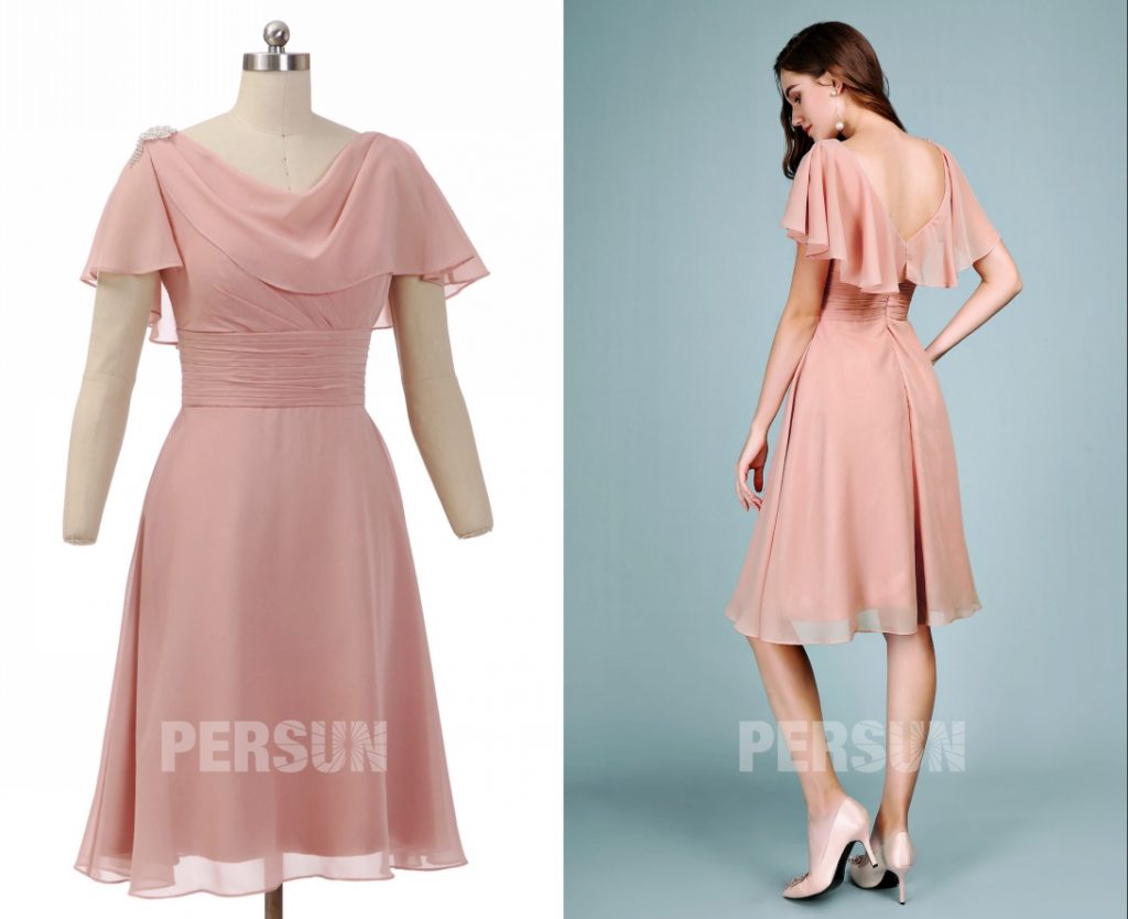 robe temoin de mariage mi-longue vieux rose avec cape taille plissé