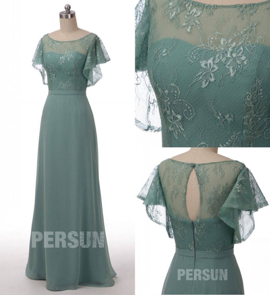 robe demoiselle d'honneur longue vert jade haut en dentelle florale à manche courte volant