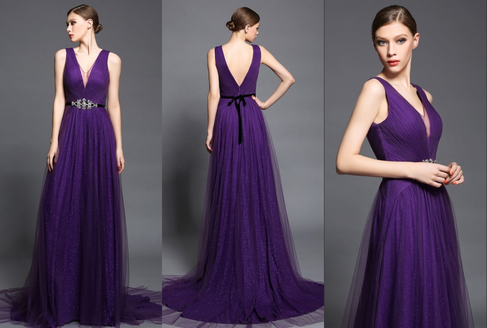 robe demoiselle d'honneur longue violette décolletée v doublure pailleté recouvert de tulle 