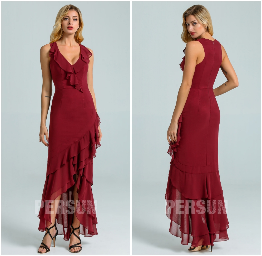 robe court devant long arrière mousseline bordeaux à volants pour mariage