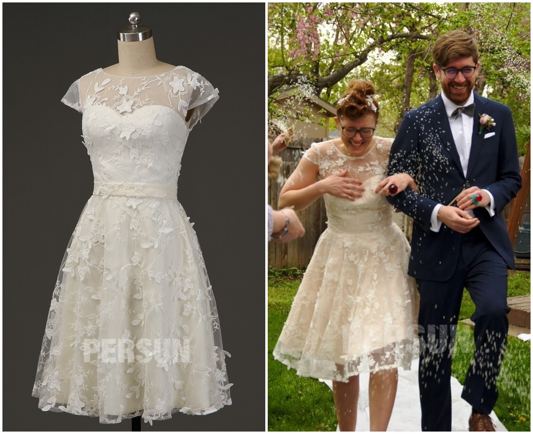 robe de mariée crème courte en dentelle 3D avec mancherons