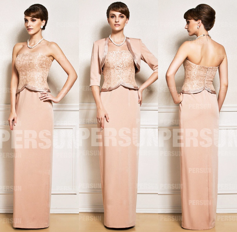 robe témoin de mariage champagne droite bustier dentelle avec boléro