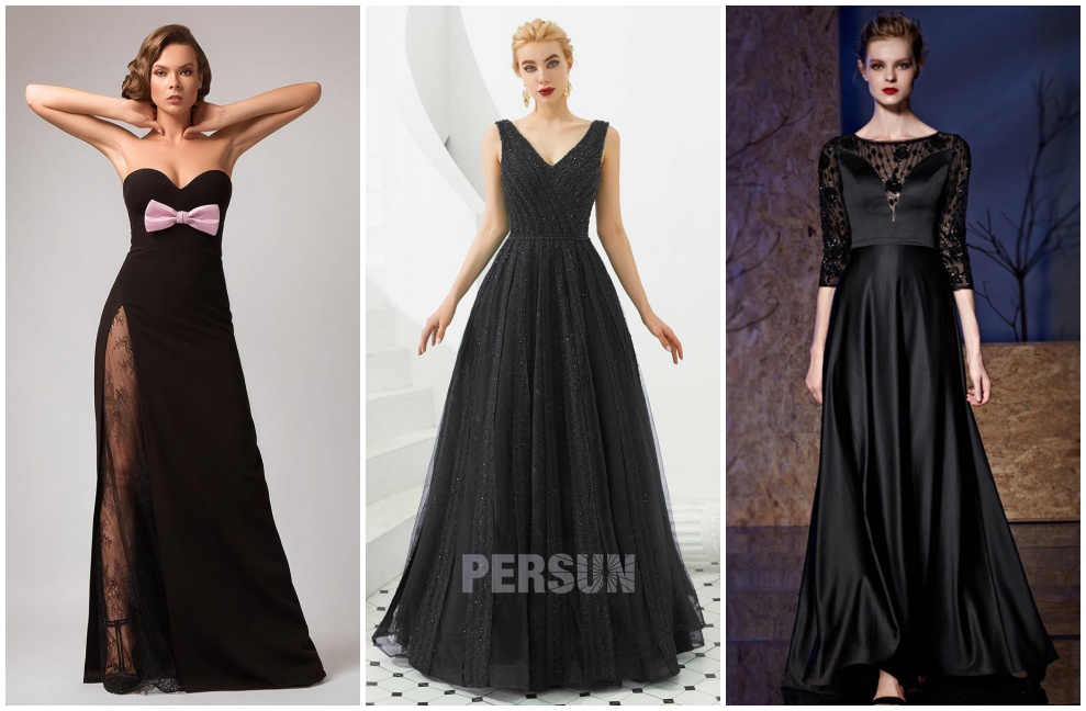 robe soirée longue noire bustier col v avec manches pour mariage