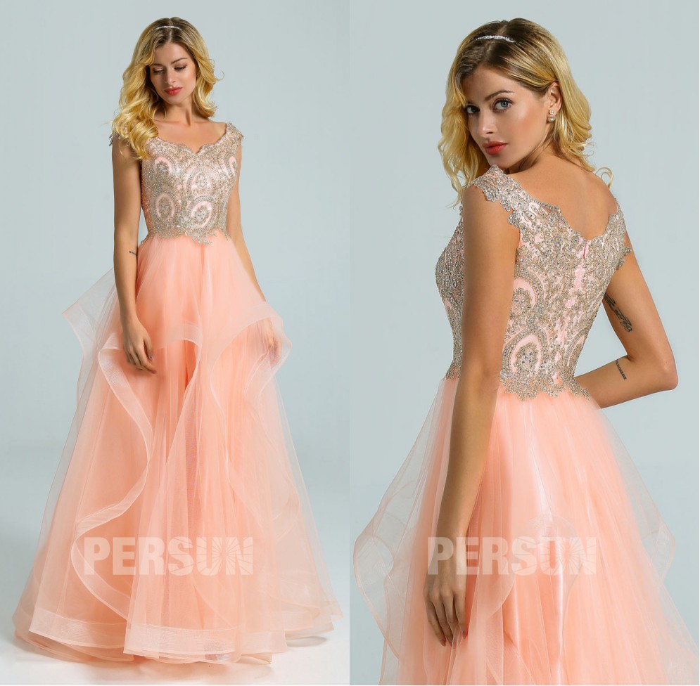 robe soirée princesse rose pêche haut guipure doré à jupe froufrou