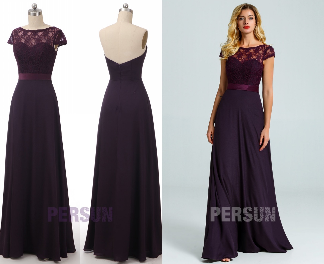 robe demoiselle d'honneur longue prune avec empiècement dentelle