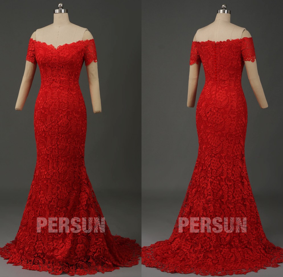 robe mariée sirène dentelle rouge à col bardot