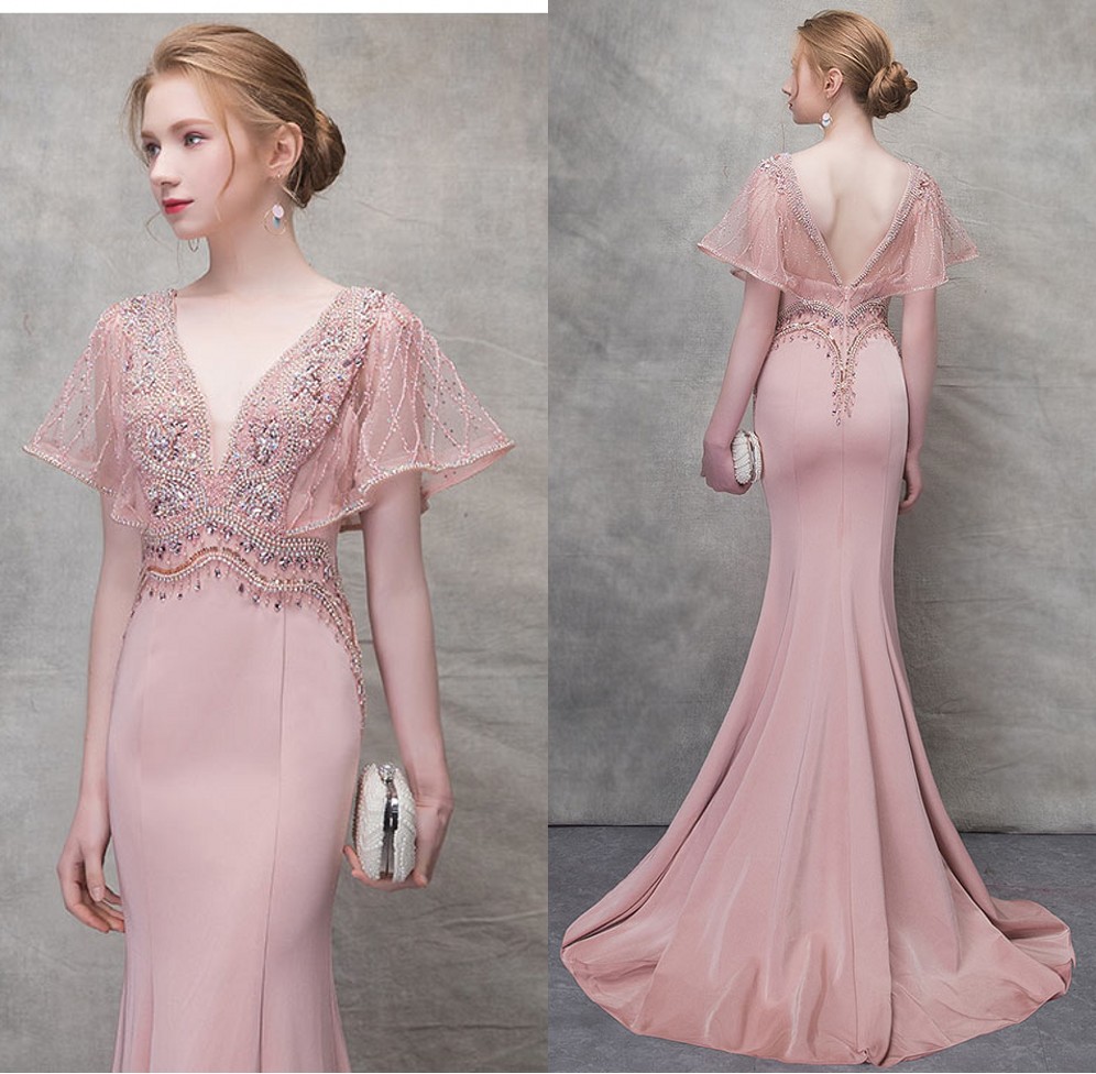 robe soirée sirène rose col v plongeant avec manche volantée