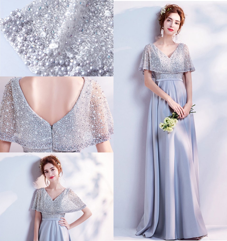 robe de soirée longue gris haut avec cape en dentelle paillettes