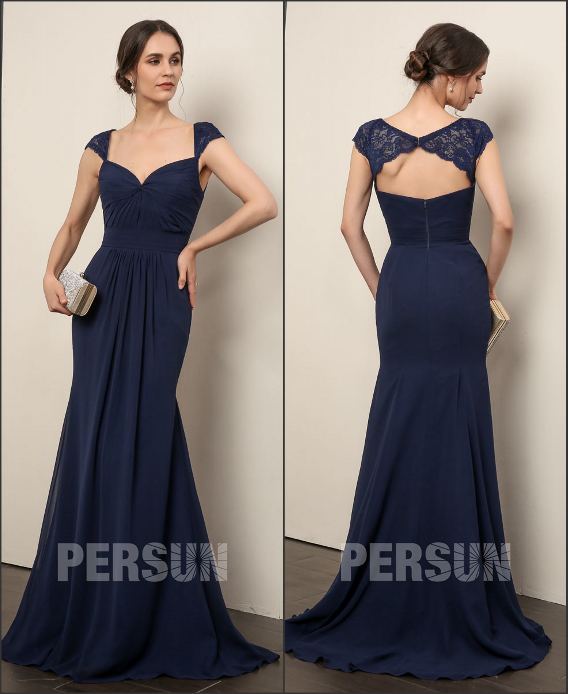 Elégante robe bleu nuit à dos découpé en dentelle avec mancherons pour mariage